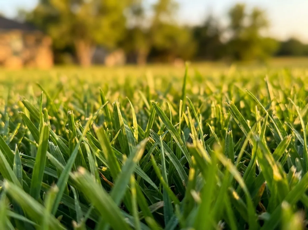 Close-up of healthy, dew-covered green grass blades in a Rockwall lawn protected from fire ants by Green Lawn Fertilizing