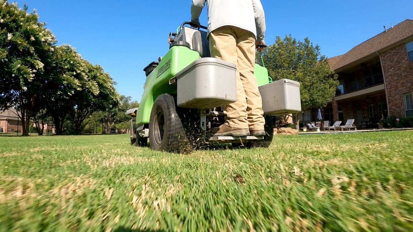 A Green Lawn Fertilizing technician on a stand-on spreader applying granular fertilizer across a Rockwall-area lawn