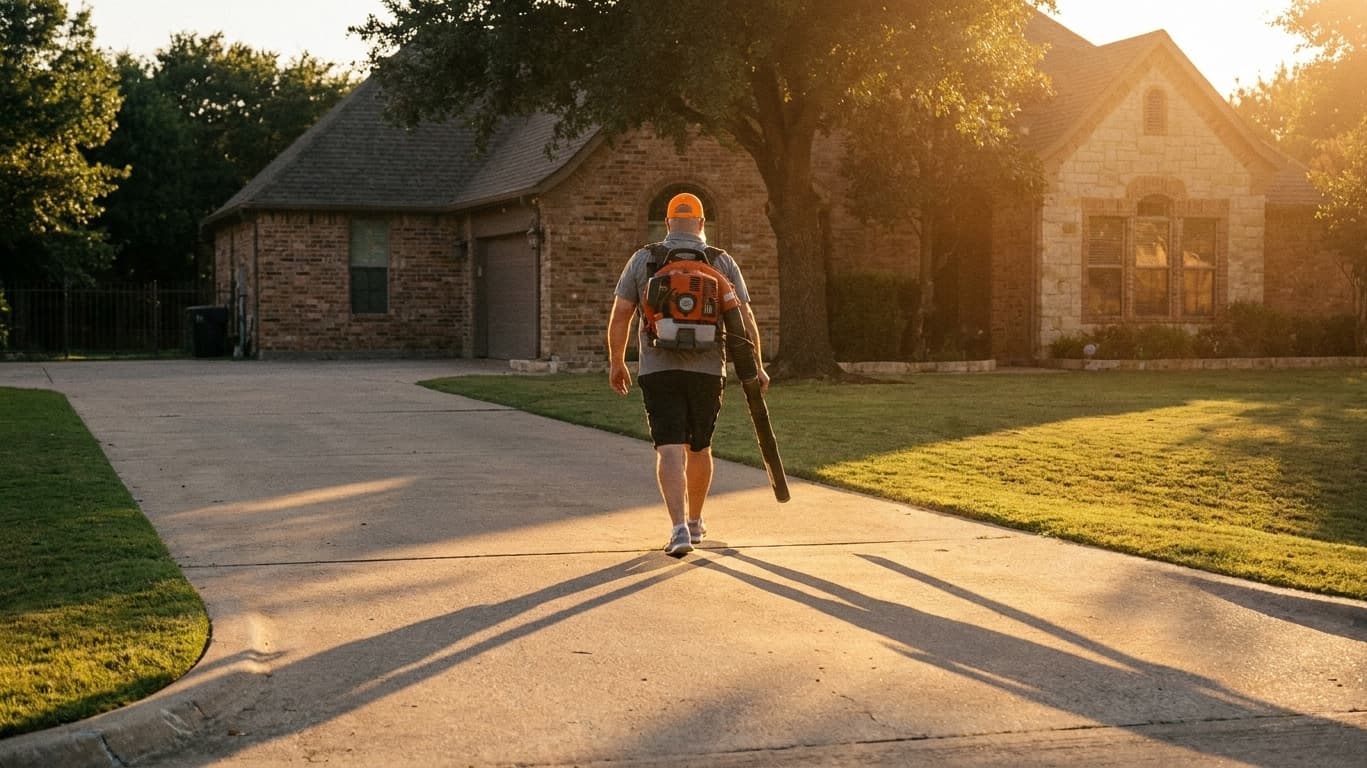 A Green Lawn Fertilizing crew member clearing a driveway with a backpack blower at a Rockwall-area home at golden hour