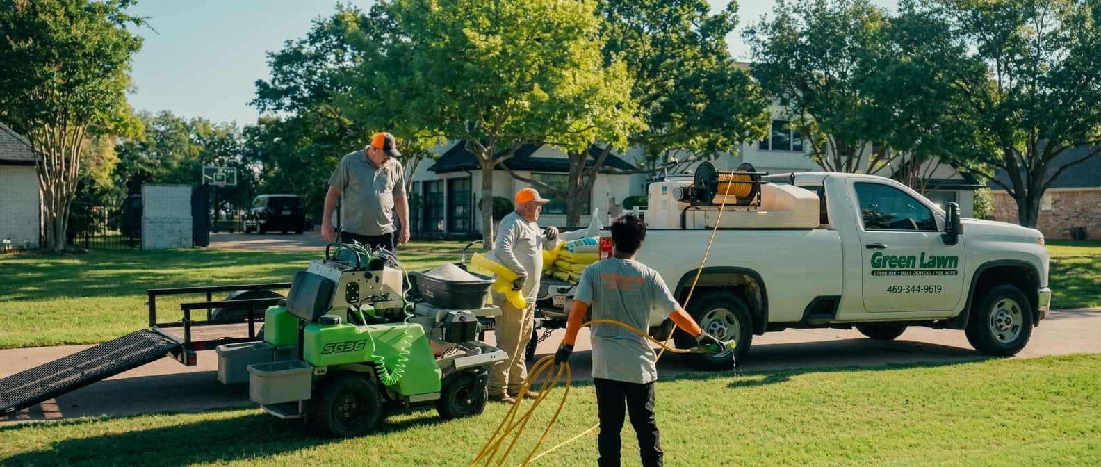 A Green Lawn Fertilizing crew with a branded company truck and a stand-on spreader on the trailer at a Rockwall-area job