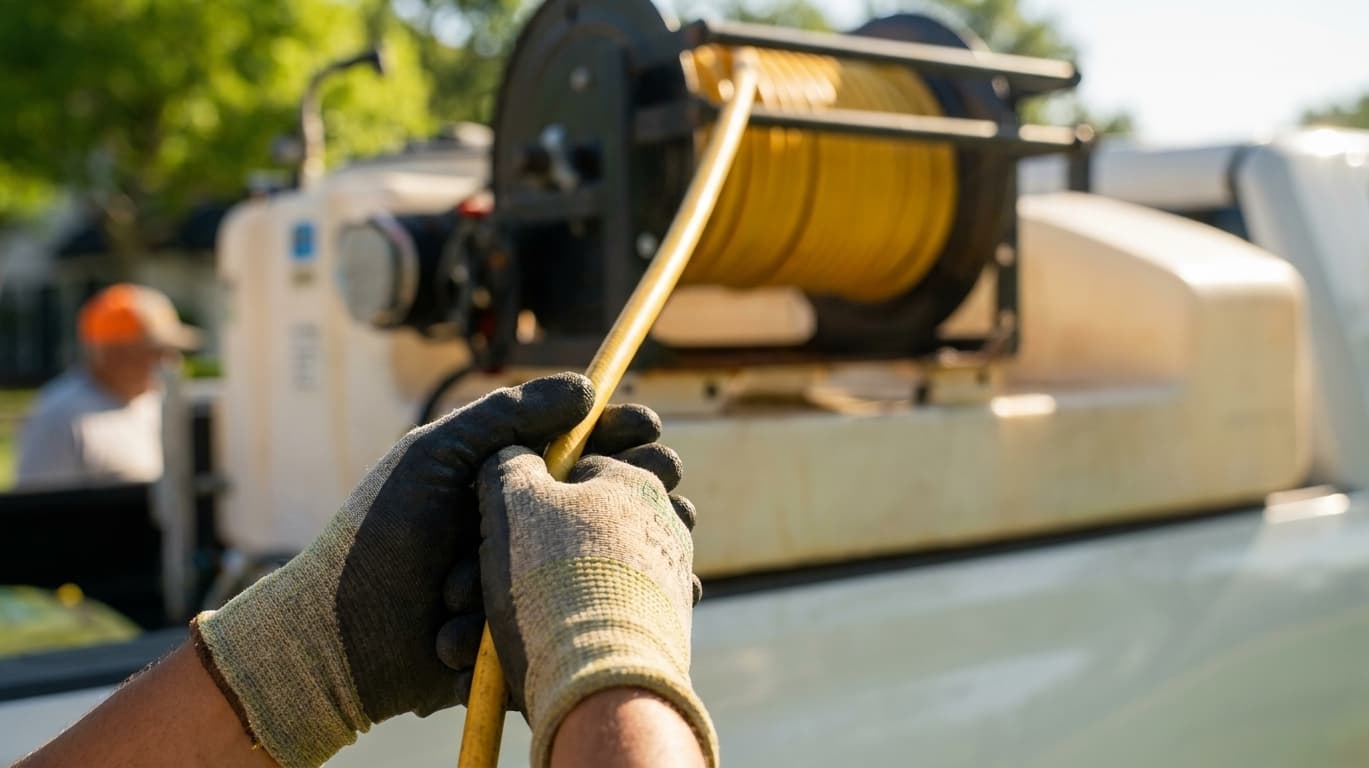Close-up of a Green Lawn Fertilizing spray rig, with a technician feeding the hose reel on the truck-mounted tank before a Rockwall turf treatment