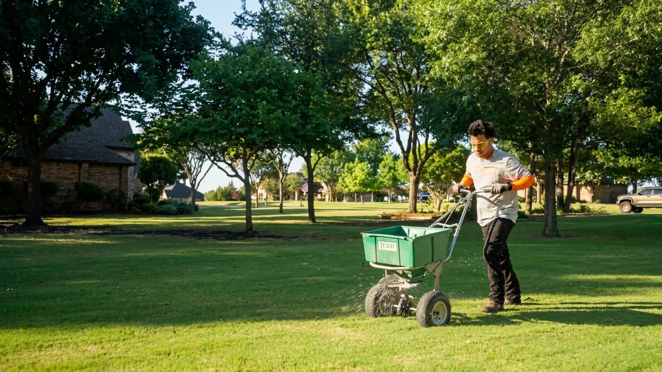 A Green Lawn Fertilizing technician pushing a broadcast spreader across a manicured lawn in a Rockwall-area neighborhood