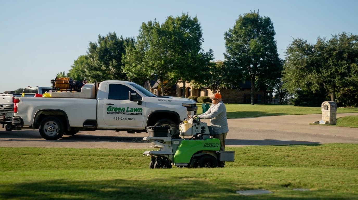 A branded Green Lawn Fertilizing truck parked beside a manicured commercial lawn, with a technician on a stand-on spreader