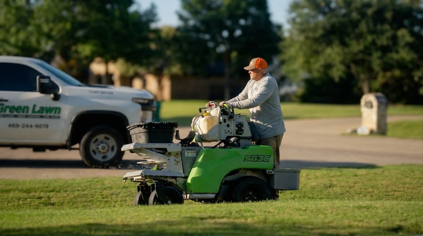 A Green Lawn Fertilizing technician on a stand-on spreader treating a lawn, with a branded Green Lawn truck in the background