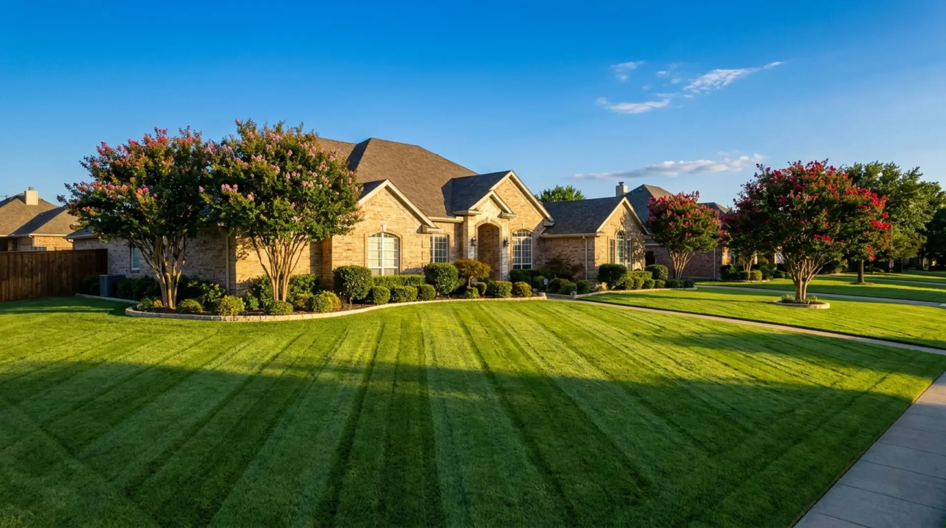A freshly striped, lush green lawn at a brick ranch-style home in the Rockwall, TX area treated by Green Lawn Fertilizing