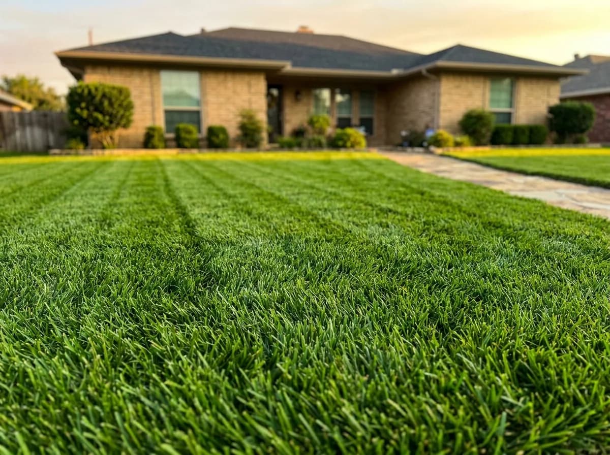 The same Rockwall lawn now thick, striped, and deep green after a full season of Green Lawn Fertilizing treatments