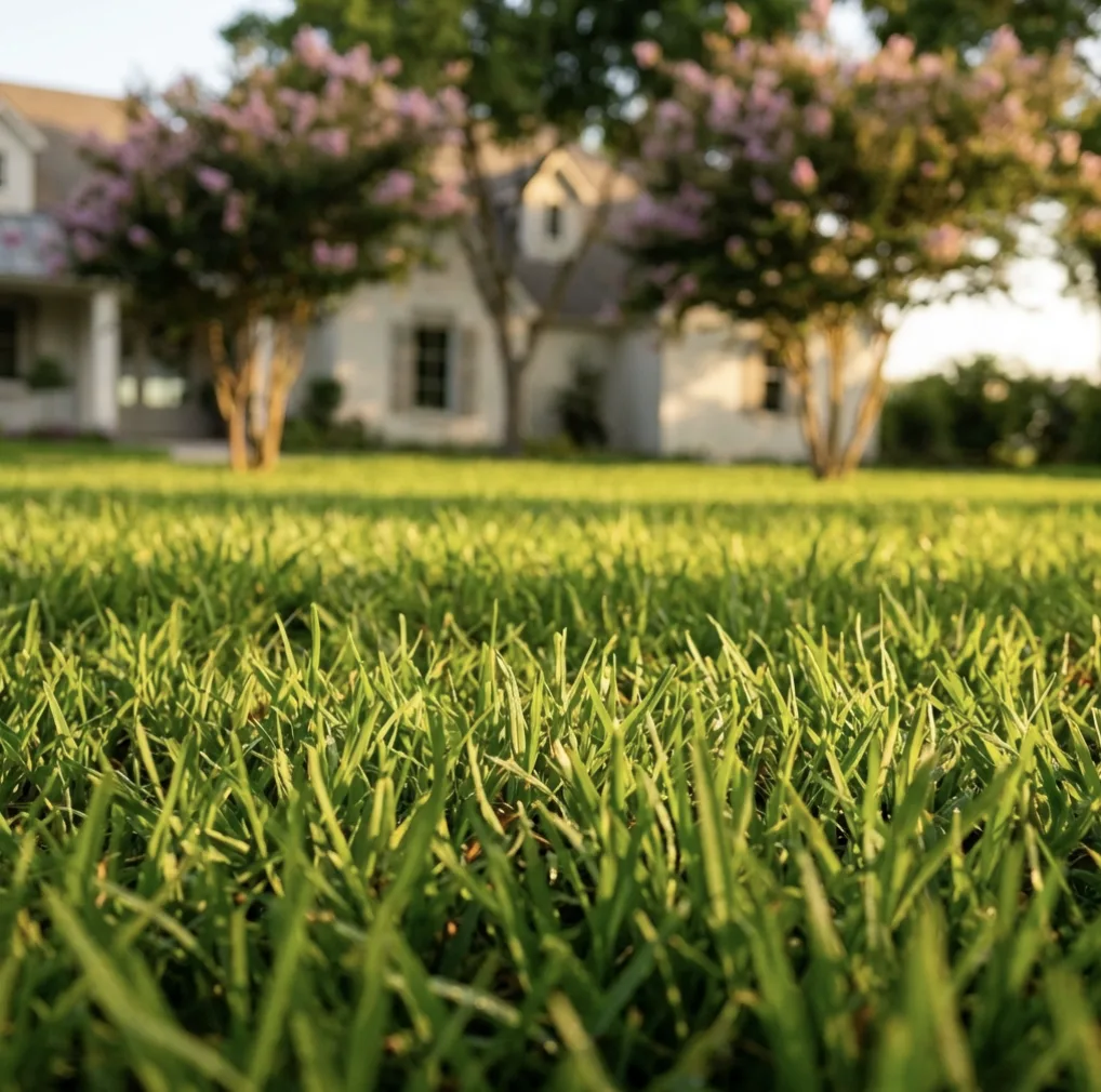 A lush green lawn with well-maintained blooming crape myrtle trees at a Rockwall-area home cared for by Green Lawn Fertilizing