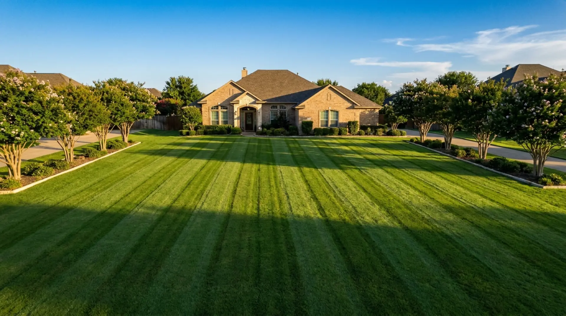 A brick ranch home with a lush, freshly striped green lawn maintained by Green Lawn Fertilizing