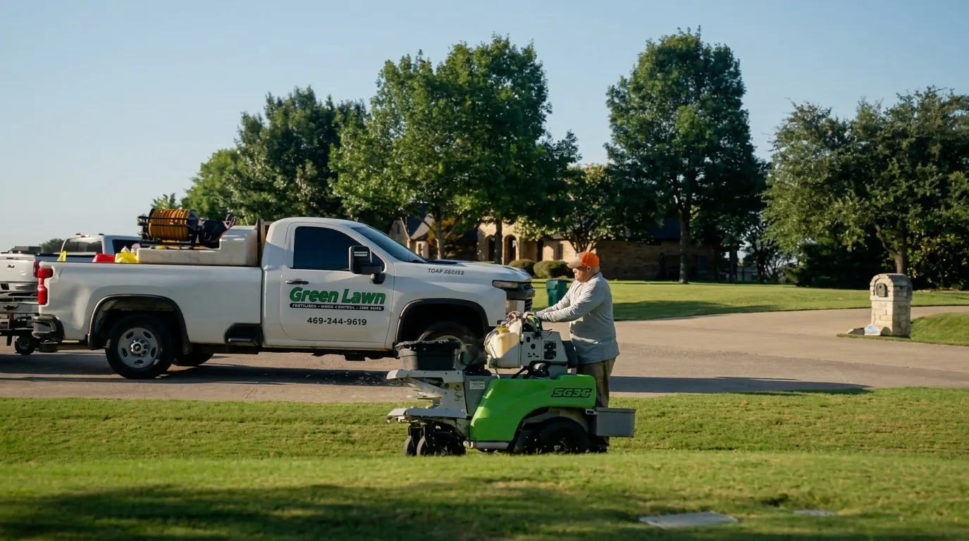 A branded Green Lawn Fertilizing truck parked beside a manicured commercial lawn, with a technician on a stand-on spreader